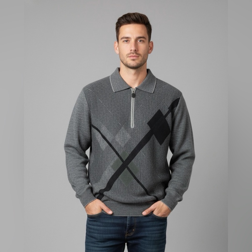 Vintage 90s Wool Suede Argyle‎ Sweater 1/4 Zip Collar Gray Black Retro Classic